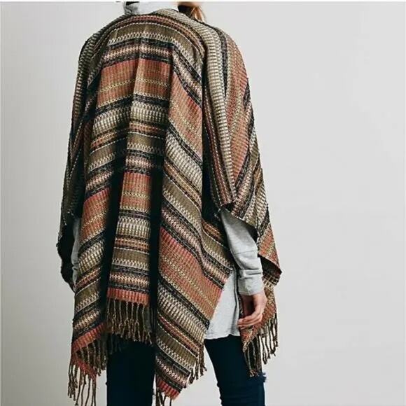 FREE PEOPLE Ruana Retro Striped Fringe Shawl Poncho Sweater OS Boho Hippie - Picture 3 of 8